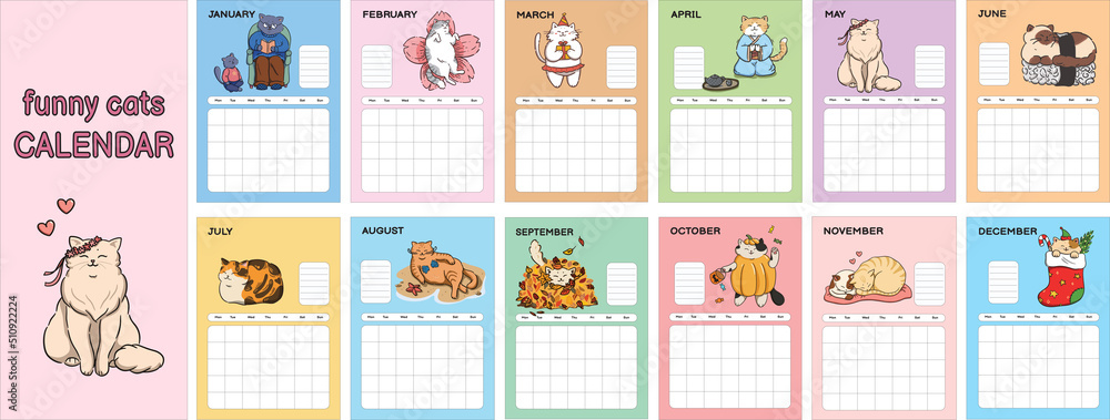 Vector Cat Calendar Template with funny cute cartoons in pastel colors with notes field, dates can be inserted for any year Vector Cat Calendar Template with funny cute cartoons in pastel colors with notes field, dates can be inserted for any year