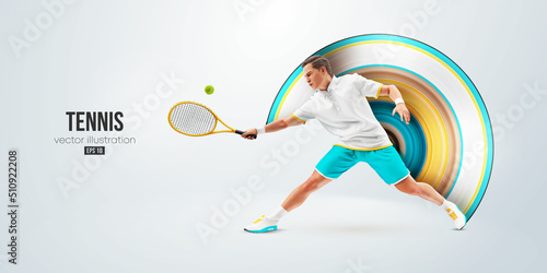 Realistic silhouette of a tennis player on white background. Tennis player man with racket hits the ball. Vector illustration