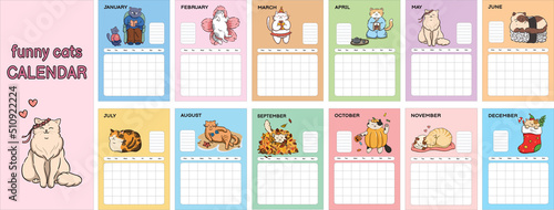 Vector Cat Calendar Template with funny cute cartoons in pastel colors with notes field, dates can be inserted for any year