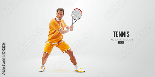 Realistic silhouette of a tennis player on white background. Tennis player man with racket hits the ball. Vector illustration