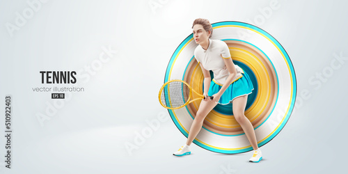 Realistic silhouette of a tennis player on white background. Tennis player woman with racket hits the ball. Vector illustration