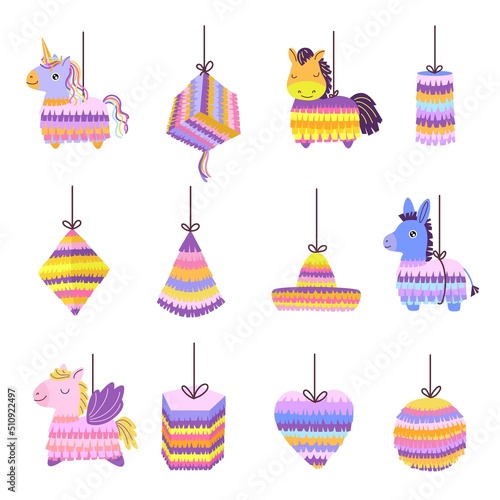 Cartoon pinatas. Mexican donkey toy for party celebration, pony horse animal birthday pinata and paper unicorn vector set