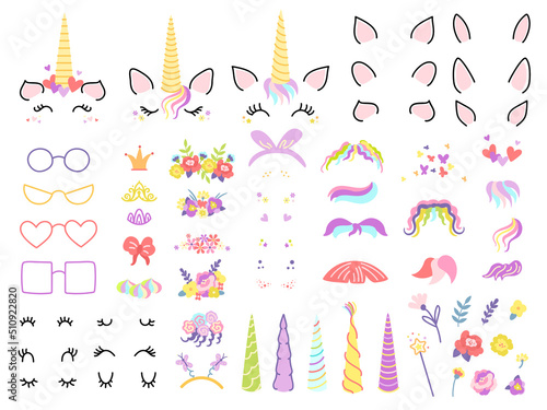 Unicorn designer. Create your own unicorns with magic horns, rainbow hairstyles and cute eyelashes. Flower wreath, accessories vector constructor