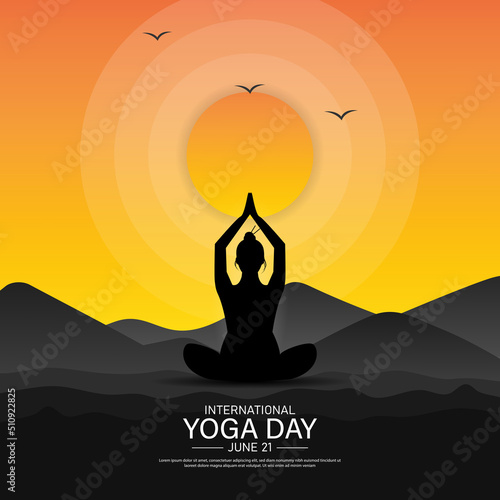 International yoga day banner or poster template design. Woman doing yoga pose, vector illustration.