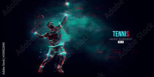 Abstract silhouette of a tennis player on black background. Tennis player man with racket hits the ball. Vector illustration © Yevheniia