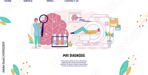 Medical examination of the brain, brain disease and neurology concept for website, flat vector illustration. MRI magnetic resonance imaging for diagnosis patient's health condition.