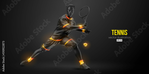 Abstract silhouette of a tennis player on black background. Tennis player man with racket hits the ball. Vector illustration photo