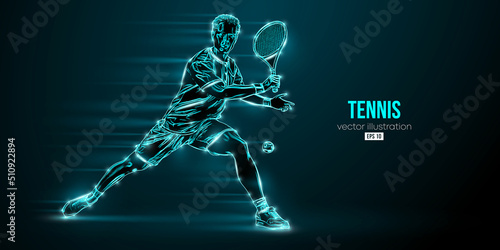 Abstract silhouette of a tennis player on black background. Tennis player man with racket hits the ball. Vector illustration