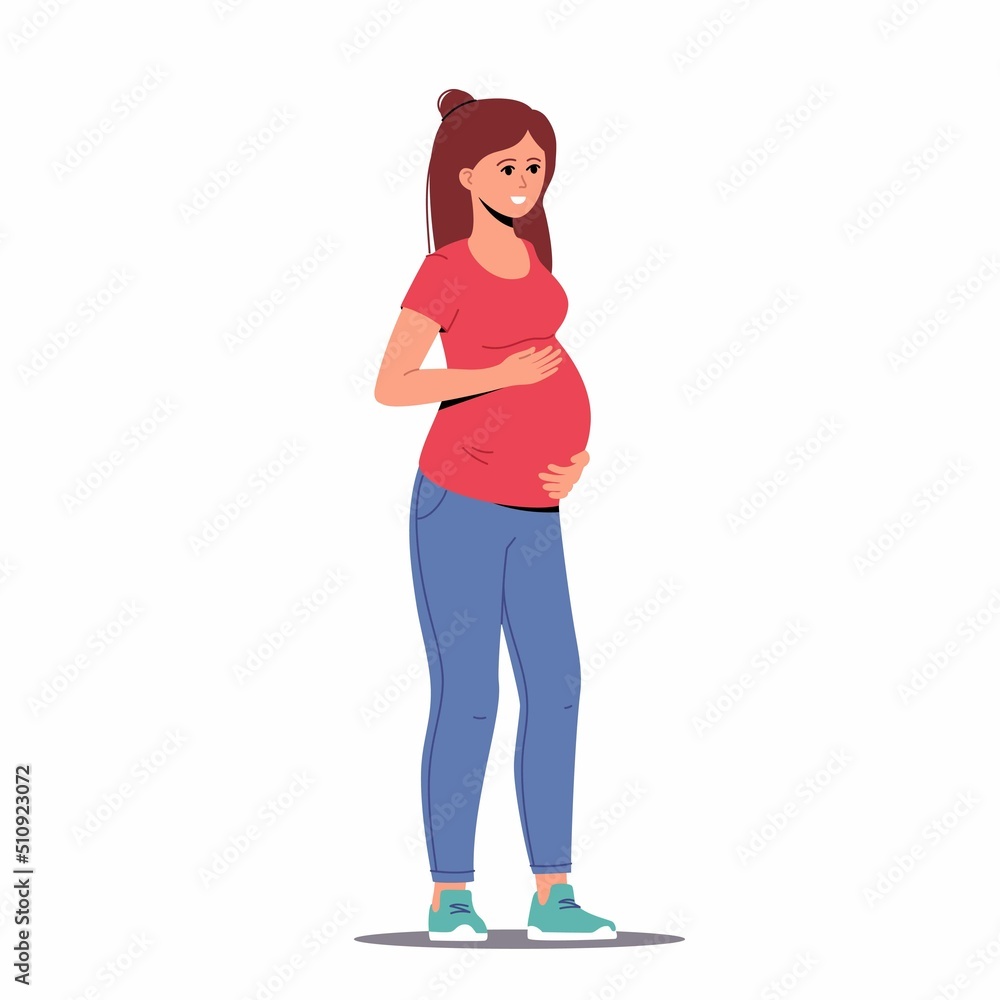 Pregnant woman, happy future mom, standing and hugging belly with arms. Flat trendy vector illustration. Pregnant woman, happy future mom, standing and hugging belly with arms. Flat trendy vector illustration.