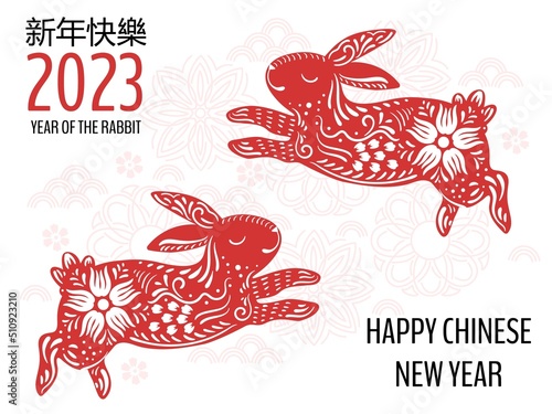 Happy Chinese 2023 new year. Zodiac rabbit in lotos flowers, asian greeting banner vector illustration. Text means Happy New Year