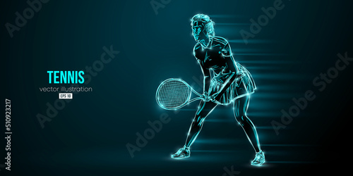 Abstract silhouette of a tennis player on black background. Tennis player woman with racket hits the ball. Vector illustration