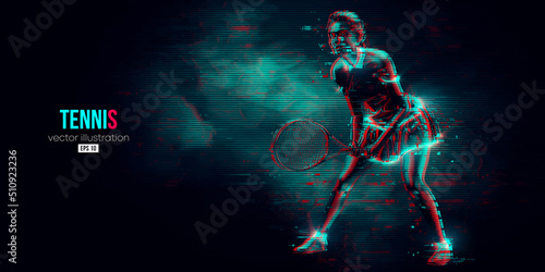 Abstract silhouette of a tennis player on black background. Tennis player woman with racket hits the ball. Vector illustration