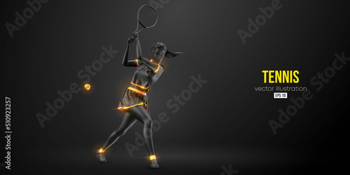 Abstract silhouette of a tennis player on black background. Tennis player woman with racket hits the ball. Vector illustration