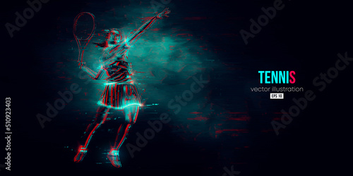 Abstract silhouette of a tennis player on black background. Tennis player woman with racket hits the ball. Vector illustration