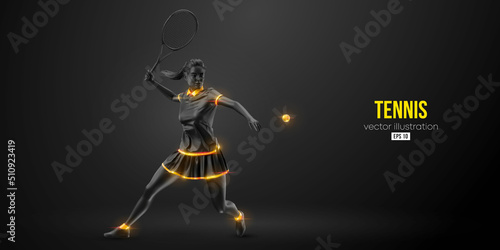 Abstract silhouette of a tennis player on black background. Tennis player woman with racket hits the ball. Vector illustration