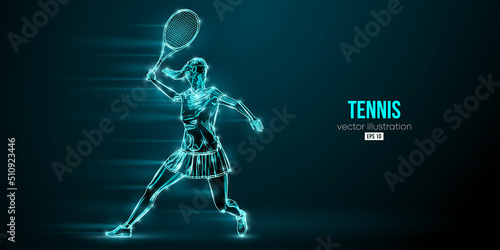 Abstract silhouette of a tennis player on black background. Tennis player woman with racket hits the ball. Vector illustration