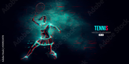 Abstract silhouette of a tennis player on black background. Tennis player woman with racket hits the ball. Vector illustration