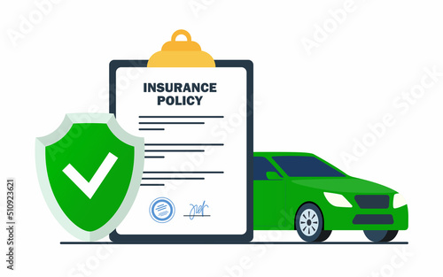 Car insurance concept. Insurance policy on clipboard and car. Document report with shield and automobile. Vector illustration.