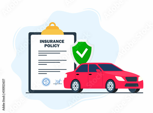 Car insurance concept. Insurance policy on clipboard and car. Document report with shield and automobile. Vector illustration.