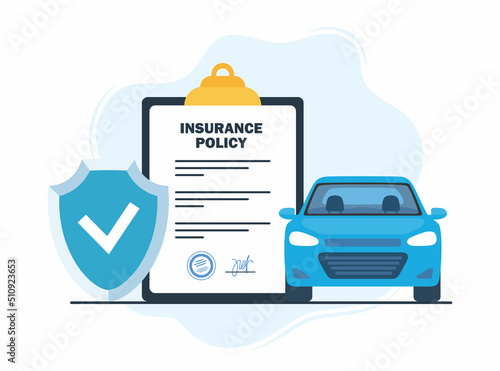 Car insurance concept. Insurance policy on clipboard and car. Document report with shield and automobile. Vector illustration.