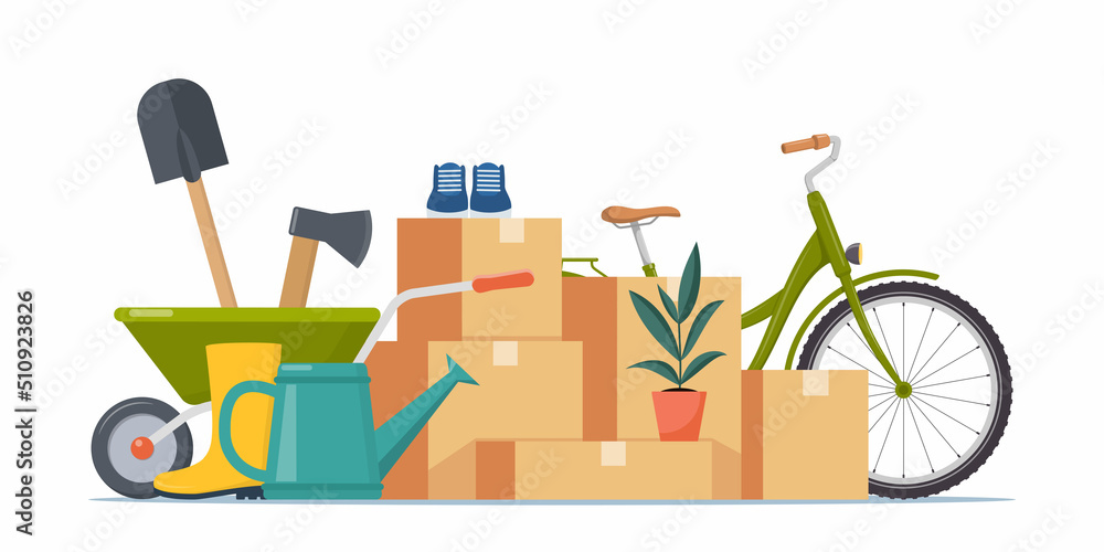 Thigs arranged on the floor - house plant, boxes, bike, clothes. Flea market old stuff clutter. Various household things. Vector illustration. Thigs arranged on the floor - house plant, boxes, bike, clothes. Flea market old stuff clutter. Various household things. Vector illustration.