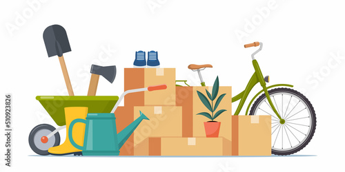 Thigs arranged on the floor - house plant, boxes, bike, clothes. Flea market old stuff clutter. Various household things. Vector illustration.