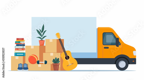 Truck and household items. Moving to new house. Relocated to new home. Boxes with goods. Package transportation. Things, clothes, furniture. Vector illustration.