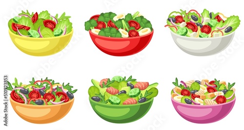 Cartoon salad bowl. Healthy food, chopped raw vegetables and lettuce served in bowls vector set