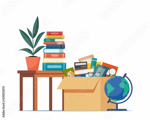 Paper cardboard boxes with various household thing. Moving to new house. Family relocated to new home. Package for transportation. Things, clothes, furniture, books. Vector illustration.