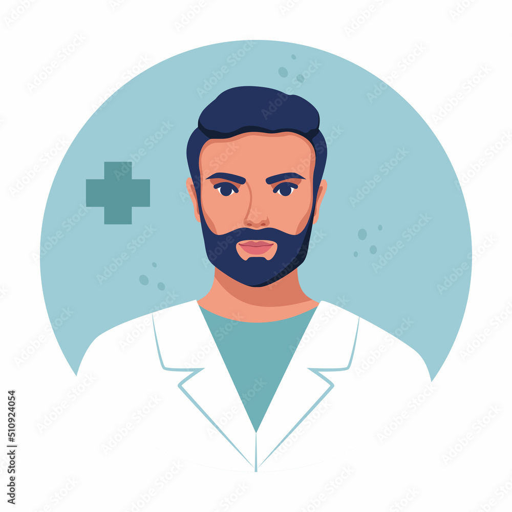 Doctor round avatar. Medicine flat avatar with male doctor. Medical clinic team. Round icon medical collection, vector illustration.