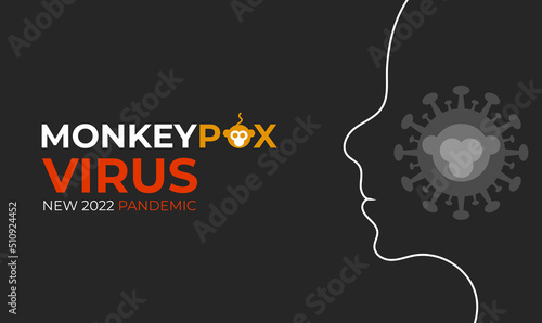 Monkeypox web banner with virus icon. New 2022 pandemic. People with monkey pox virus. Vector illustration.