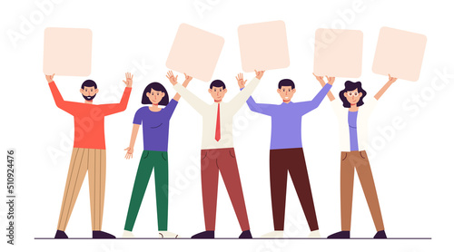 People hold blank placards. Office people. Happy men and women with empty paper boards showing, presenting, demonstrating advertisement, message. Vector illustrations isolated on white background