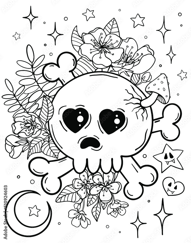 Coloring book for adults. Coloring page for adults. Skull and flowers