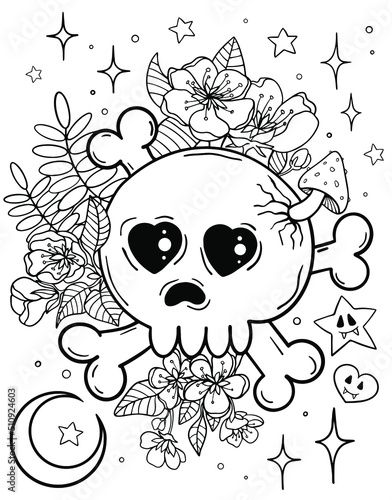 Coloring book for adults. Coloring page for adults. Skull and flowers. Kawaii horror. Halloween