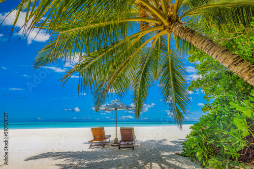 Summer vacation beach  travel scenic. Closeup couple chairs umbrella under palm trees  leaves. Sea sand sky  idyllic recreational landscape. Sunny beautiful tropical island landscape. Amazing paradise