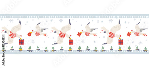 Cute seagulls with Christmas gifts seamless vector border. Comic sea gull bird in Santa costume illustration design element. Playful birds deliver x-mas presents. Holiday cartoon frame background