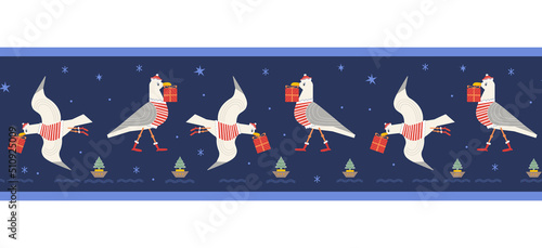 Christmas quirky seagull with gift cute seamless vector border. Comic sea gull bird in Santa costume illustration design element. Playful birds deliver x-mas presents. Holiday cartoon frame background