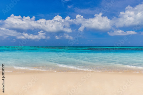 Closeup sand beach sea waves and blue summer sky. Panoramic beach landscape. Empty tropical beach and seascape  horizon. Bright exotic coast calmness  tranquil seaside nature view relaxing sunlight