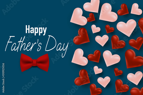 Happy Fathers Day greeting card. Celebration banner or flyer with red hearts on blue background. Vector illustration.