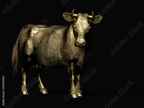 Golden cow statue facing the front on a dark background. 3D illustration.