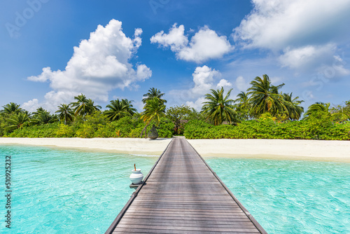 Amazing panorama at Maldives. Luxury resort villas pier seascape with palm trees  white sand and blue sky. Beautiful summer landscape. Tropical beach background for vacation holiday. Paradise island