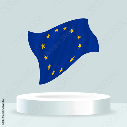 European union flag. 3d rendering of the flag displayed on the stand. Waving flag in modern pastel colors. Flag drawing, shading and color on separate layers, neatly in groups for easy editing.