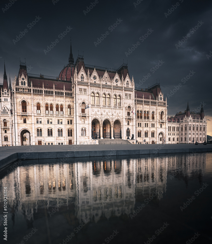Exterior of the Hungarian Parliament on a stormy afternoon