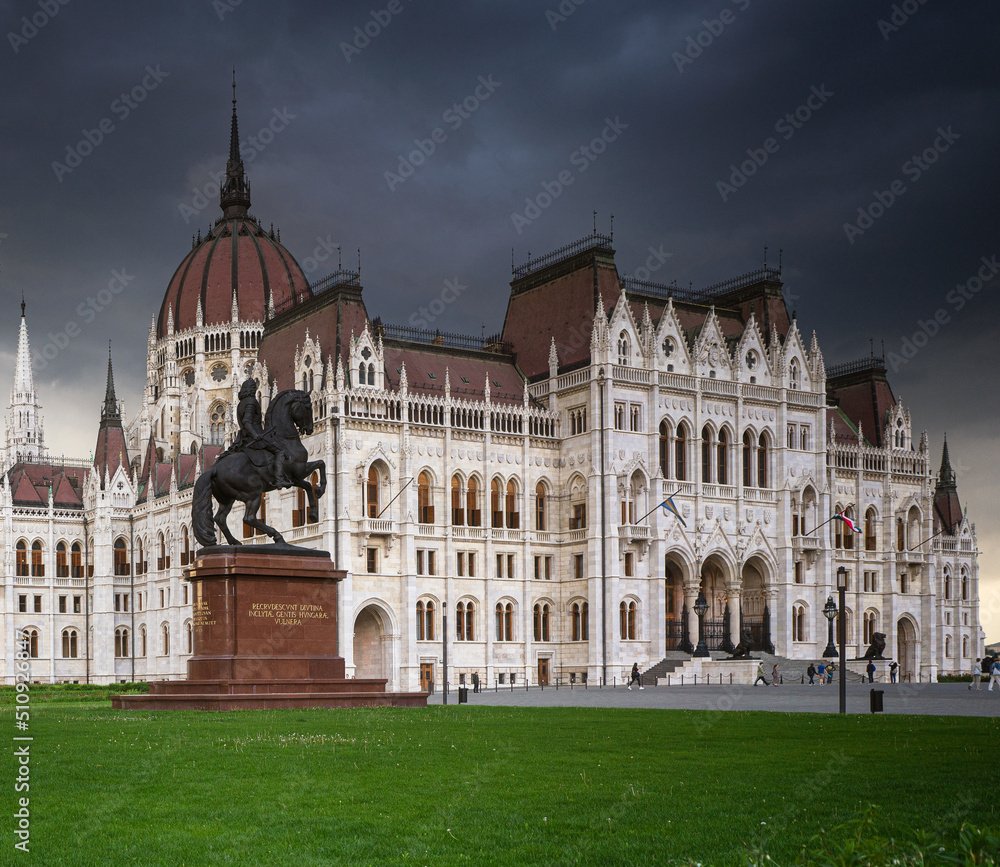 Exterior of the Hungarian Parliament on a stormy afternoon