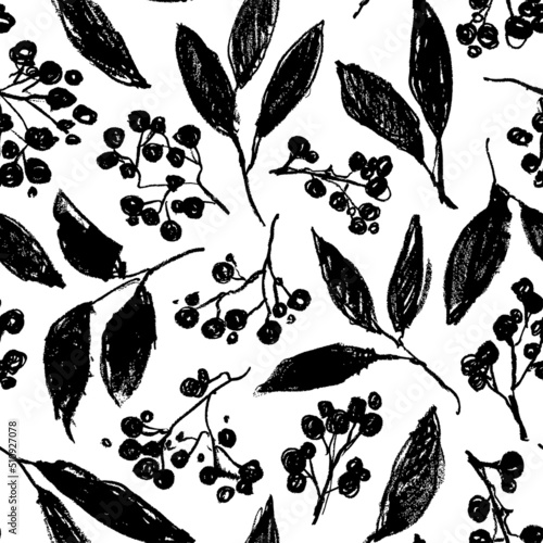 Branches with leaves and berries seamless pattern. Floral pattern in vintage style. Botanical ink illustration with rough edges elements. Vector botanical design for textile, wrapping paper, branding.