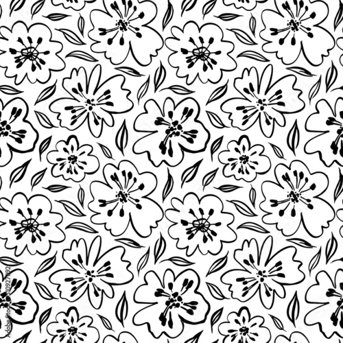 Poppy flowers line art seamless pattern. Minimalist contour hand drawing. Simple black botanical illustration. Decorative plants, buds and leaves. Decorative beauty elegant vector pattern.