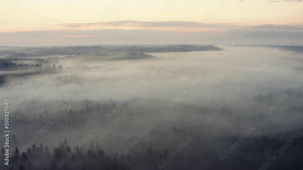 High flight over the thick summer morning fog. Aerial drone view. High flight over the thick summer morning fog. Aerial drone view.