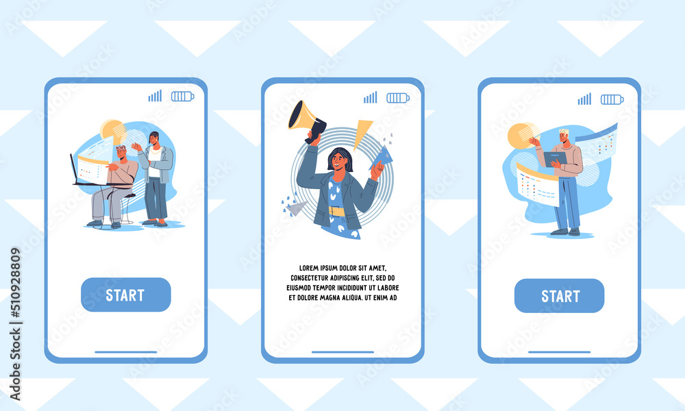 Business onboarding app screens kit, flat vector illustration. Partnership and business, finance and banking concept of UI for mobile app start page. Business onboarding app screens kit, flat vector illustration. Partnership and business, finance and banking concept of UI for mobile app start page.