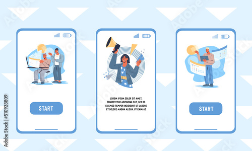 Business onboarding app screens kit, flat vector illustration. Partnership and business, finance and banking concept of UI for mobile app start page.