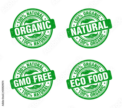 Green stamp set with text 100% organic, natural product. Gmo free, eco food product icon isolated on white background